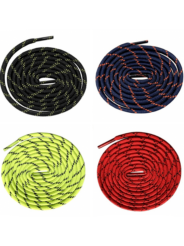 Round strong laces for trekking shoes in four colors: black, blue, yellow, and red, featuring a geometric pattern for durability and style.